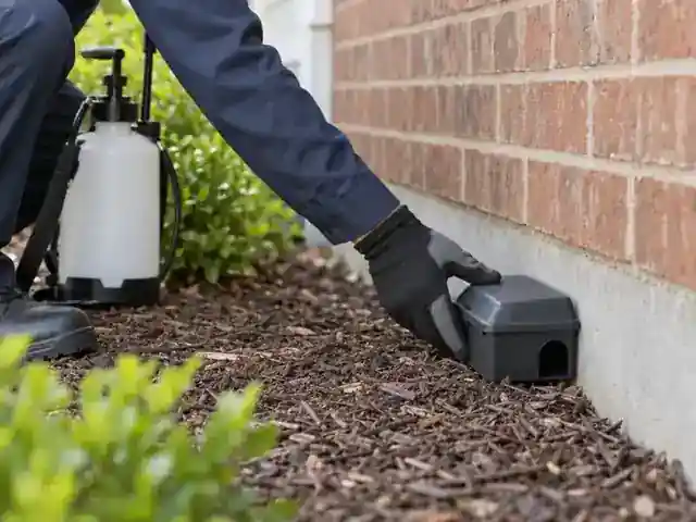 Rodent bait station along the outside wall of a Metro Detroit house